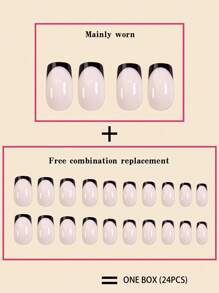 24Pcs Black Square French Manicure False Nails With Nail File & Glue - Medium Length Press On Nails Nail Supplies Nails - Black - View 3