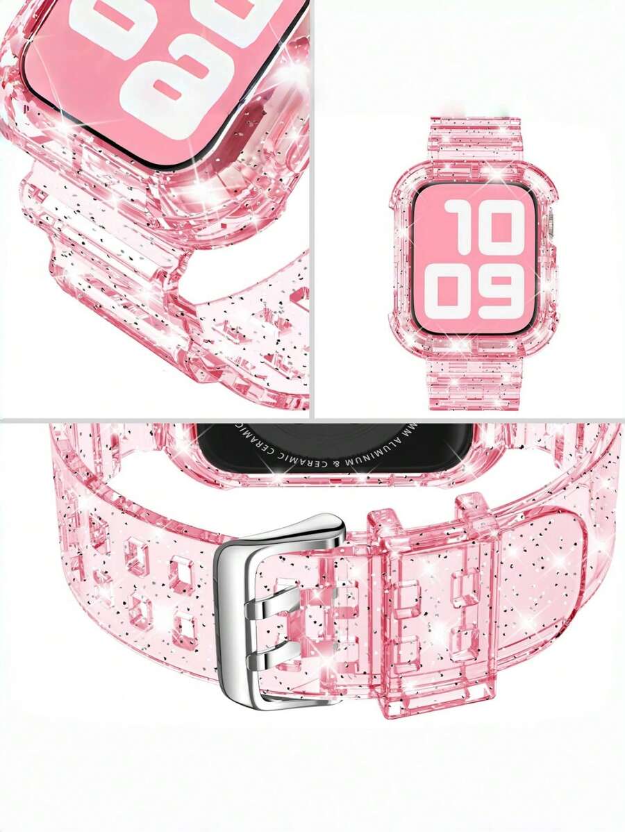 2合1閃亮水晶透明運動錶帶附防撞保護殼，適用 38mm 40mm 41mm 42mm 44mm 45mm 46mm 49mm，錶圈腕帶適合 11/10/9/8/7/6/5/4/3/2/1/SE Ultra 女款/男款，不含螢幕保護貼