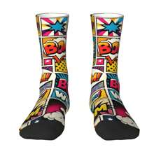 1 par de calcetines de compresión tipo comic book vintage y estampado 'bang' estilo hip hop, locos, unisex, con estampado divertido y novedad, para regalo de chicos Harajuku