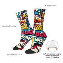 1 par de calcetines de compresión tipo comic book vintage y estampado 'bang' estilo hip hop, locos, unisex, con estampado divertido y novedad, para regalo de chicos Harajuku