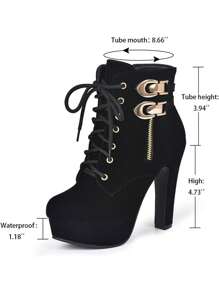 High Heel Boots For Women,Womens Platform Boot Heels Sexy Round Toe Lace UP High Heels Mid Calf Boots - 黑色-BO46LQ - 查看 7