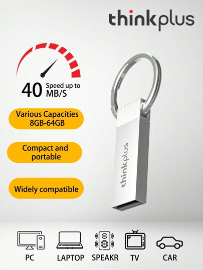 Lenovo Dysk flash USB Thinkplus 8 GB, 16 GB, 32 GB, 64 GB, TU201 z brelokiem, metalowy, kreatywny, spersonalizowany, samochodowy, muzyczny, szybki, USB, prezent