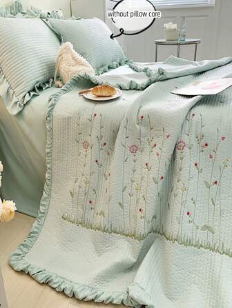 3pcs Floral Embroidered Bedding Set - 1pc Quilted Blanket & 2pcs Pillowcase With Ruffle
