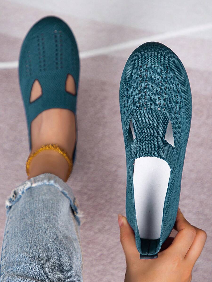 Zapatos planos de moda casual con puntera redonda, de punto y de slip-on para mujeres - Azul Marino - Ver 1