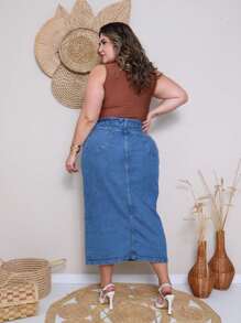 Casa de Jeans - Saia Jeans Mídi Feminina Cós Alto, Perfeita Para Mulheres Plus Size, Tamanhos 38 ao 54 - Lavagem Média - Visão 4