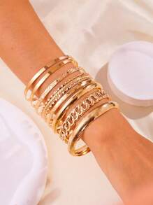 10pcs Alloy Bangles Set For Women, Vintage Wide Cuff Bangle, Golden Glossy Bangles Bracelets Jewelry - Gold - View 2