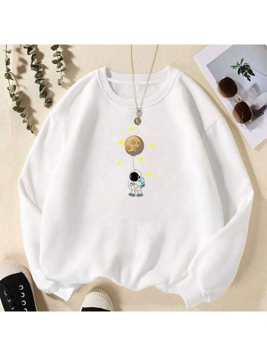 Women's Sweatshirt Round Neck Crewneck Basic Hooded Sweatshirt Modern Printed Tumblr For Girls Astronaut 7018 - 白色 - 查看 1
