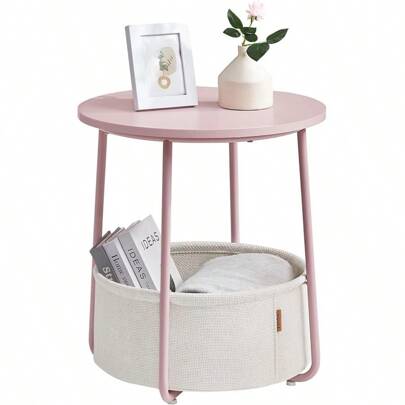 VASAGLE Small Round Side End Table, Modern Nightstand With Fabric Basket