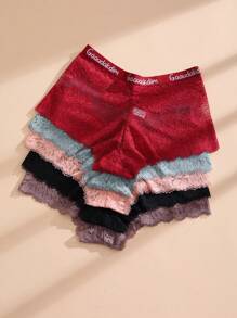 6 Pcs Women Sexy Lace Boxer Shorts Letter Tape Seamless Panties, Comfortable And Breathable Underwear Lingerie