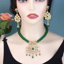 1set Fashion Arabic Women Beads Choker Necklace Long Drop Earring Morocc Bridal Jewelry Set Gold Color Tassels Pendant - Necklace + Earrings - View 2