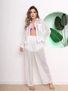 Beach Cover-Up Set, Long-Sleeved Shirt And Pants With Pocket On The Side - 白色 - 查看 1