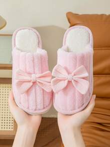 Chinelos Quentes De Pelúcia Bowknot Para Outono E Inverno, Sapatos De Maternidade Antiderrapantes Internos Para Piso De Madeira Para Mulheres
