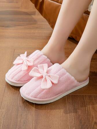 蝴蝶結毛絨溫暖拖鞋，秋冬季室內防滑木地板孕婦鞋，女士款