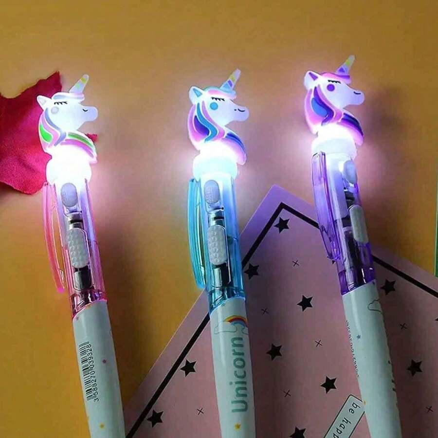3pcs Creative Light Up Unicorn Ballpoint Pen With Led Light, Cartoon Stationery, Blue Ink Signature Pen - Multicolor - View 1