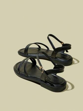 Plus Size Women's Black Flat Toe-Revealing Strap Sandals, Summer Simple Thin Strap Soft Bottom Beach One-Buckle Sandals
