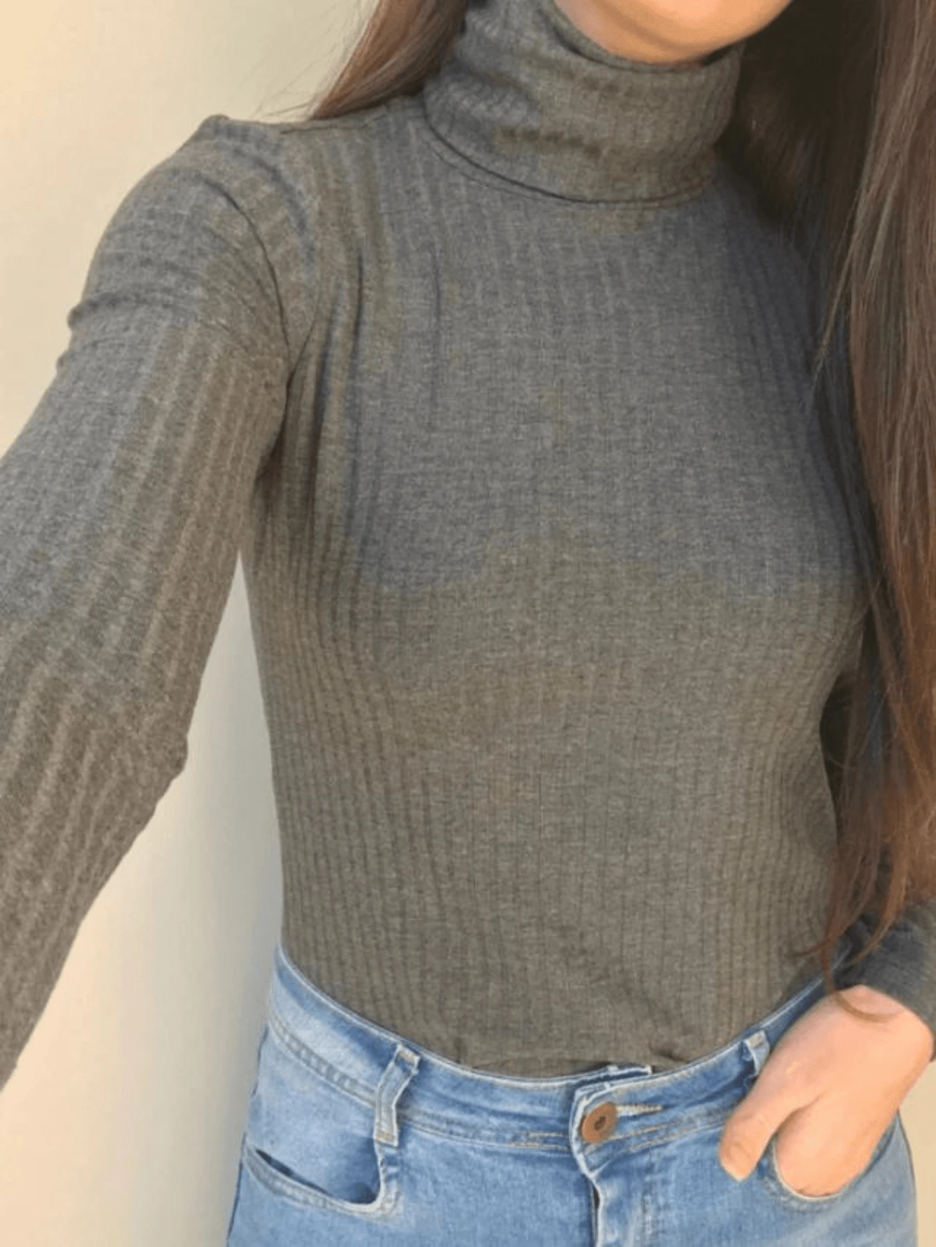 Women's Ribbed High Neck Blouse - 灰色 - 查看 1