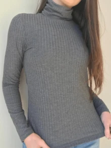 Women's Ribbed High Neck Blouse - 灰色 - 查看 2