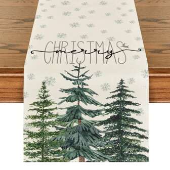 1 PIEZA Camino de mesa con diseño de árbol de pino beige y copos de nieve, decoración navideña y de invierno para la mesa de la cocina o comedor en el hogar, fiesta