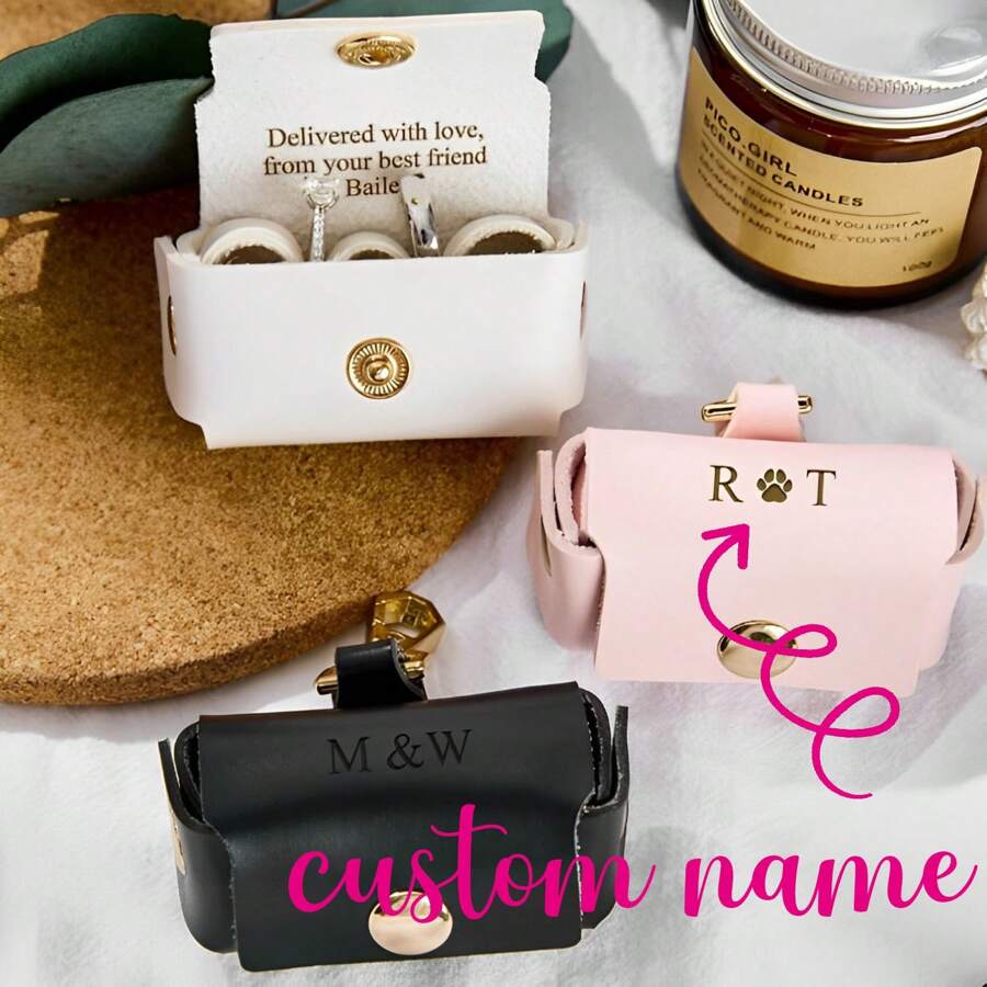 1pc Rustic Style Personalized Pet Engagement/Wedding Ring Box, Custom Name Ring Holder, Wedding Gift - Brown - View 1