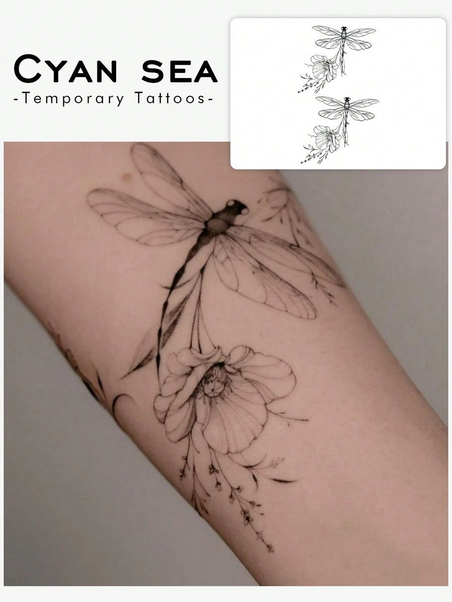 1pc Washable Temporary Tattoo Sticker, PVC Dragonfly & Floral Pattern, Waterproof & Sweat Proof, Suitable For Daily Use By Followers - Black - View 1