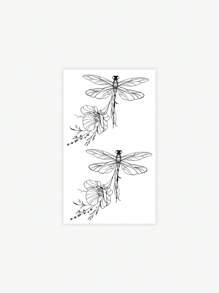 1pc Washable Temporary Tattoo Sticker, PVC Dragonfly & Floral Pattern, Waterproof & Sweat Proof, Suitable For Daily Use By Followers - Black - View 2