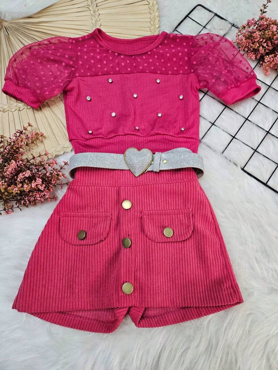 Lor De Lis Children's Set Shorts Skirt In Velvet And Ribbed Cropped With Appliques - Belt Not Included - 玫紅色 - 查看 1