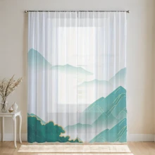 1pc Chinese Landscape Print Sheer Curtain, Digital Printed Mountain Scenery Decor For Home Office Living Room Bedroom