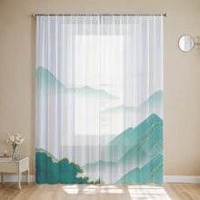 1pc Chinese Landscape Print Sheer Curtain, Digital Printed Mountain Scenery Decor For Home Office Living Room Bedroom
