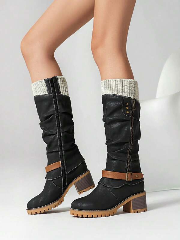 Damen Kniehohe Stiefel im Vintage Western Leder-Stil mit seitlichem Reißverschluss, rutschfeste Winterstiefel mit niedrigem Absatz, Oktoberfest Cowboy Stiefel, elegante Damen Knöchel Stiefel für den Winter