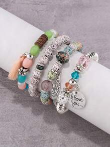 4 Stück Set Armreifen im Boho-Stil mit Quastenanhänger und Flügelscheibe, modischer Armschmuck für Frauen