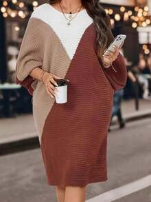 Vestido de suéter de talla grande con estampado de cuadros de colores, de manga larga con puños elásticos, vestido holgado de suéter para mujeres, para el invierno