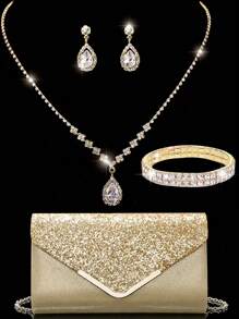 LETODE BAG 4 件套女士水钻晚宴手拿包水钻耳夹新娘婚礼颈链手链吊饰闪亮钱包，必备婚礼物品，完美搭配毕业礼服、舞会礼服