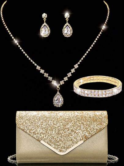 LETODE BAG 4 Pieces Women Rhinestone Evening Clutch Bag Rhinestone Ear Clip Bridal Wedding Choker Bracelet Dangle Bling Glitter Purse, Essential Wedding Items,Perfectly Matching With Graduation Dress, Prom Dresses
