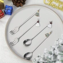 不锈钢勺子和叉子套装，圣诞礼物金属餐具，适用于家庭、餐厅、甜点和咖啡，创意卡通设计餐具套装，圣诞派对礼物 - 彩色 - 查看 8