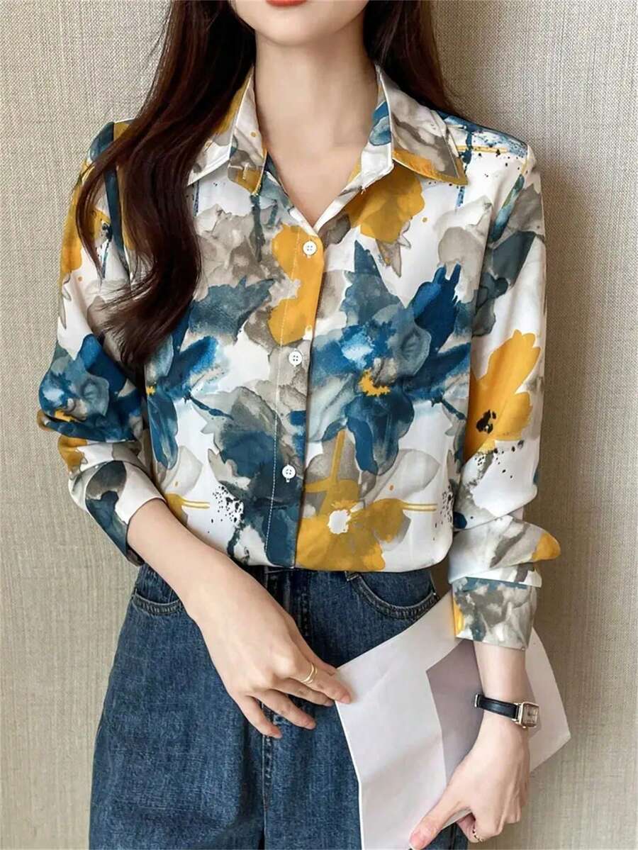 Women's Ink Flower Print Long Sleeve Casual Shirt, Spring Autumn - Multicolor - View 1