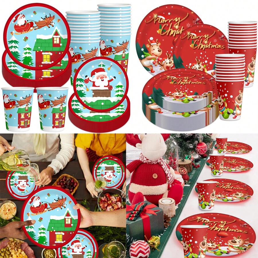 Bộ đồ ăn tiệc Giáng sinh 30 chiếc đĩa và cốc giấy hình ông già Noel 7 và 9 inch, đồ ăn nặng, đĩa tráng miệng Giáng sinh, số lượng lớn cho bộ đồ ăn tiệc - Nhiều màu - Xem 1
