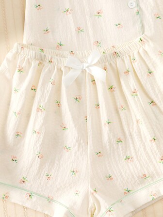 2pcs/Set Women's Small Floral Printed Summer Pajama Set, Short Sleeve Button-Down Shirt And Shorts, Casual Loungewear For Summer., Two Pieces Set