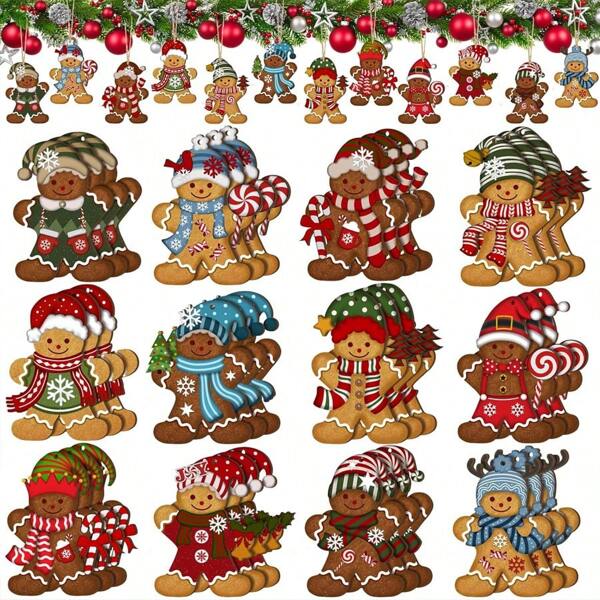 24pcs Christmas Festival Wooden Hanging Decoration, Cute Gingerbread Man Pendant, Best For Window Sill, Room Decor, Holiday Party,Christmas