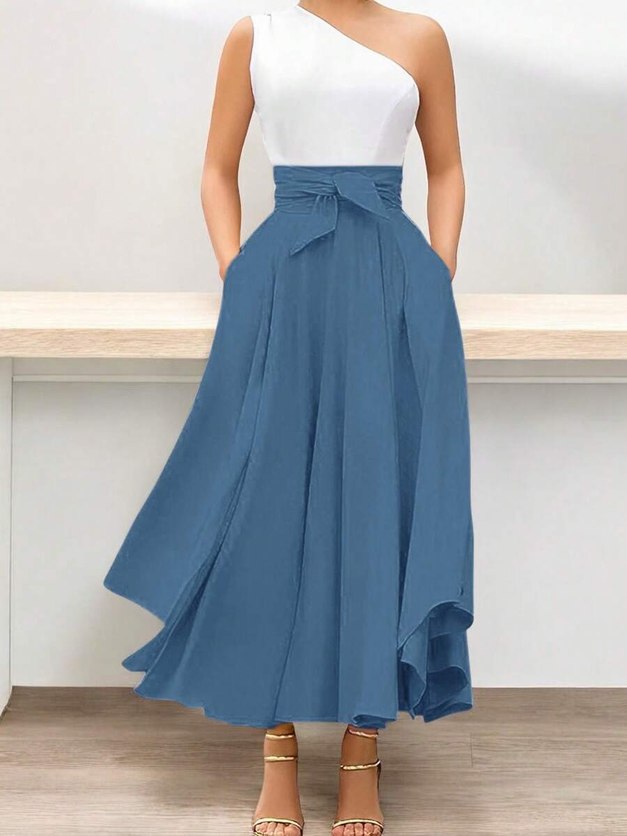 SHEIN Women's Solid Color High Waisted Knot Front Skirt - Demin - View 1