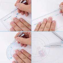 Juego de 7 piezas/caja que incluye regla, compás, regla triangular, útiles escolares, estuche a prueba de roturas, compás para geometría, juego de transportador, kit de geometría, herramientas de dibujo, juego de dibujo técnico (con un número aleatorio de minas en cada set), útiles escolares, de vuelta a la escuela