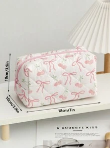 1 Bolso de maquillaje con estampado de cerezas acolchado, bolso de maquillaje con estampado de flores, bolso de maquillaje con cremallera con estampado de flores, bolso organizador de almacenamiento de flores con capacidad grande, bolso de aseo con lazo, bolsa de viaje para el cuidado de la piel, organizador de bolígrafo, lápiz de cejas y pinceles de maquillaje, adecuado para almacenar artículos pequeños a diario o durante los viajes. Bolsas de maquillaje, organizador de maquillaje, almacenamiento de maquillaje, San Valentín