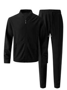 1 Set Baseball Collar Solid Color Long Sleeve Cardigan Jacket + Long Pants - Black - View 2
