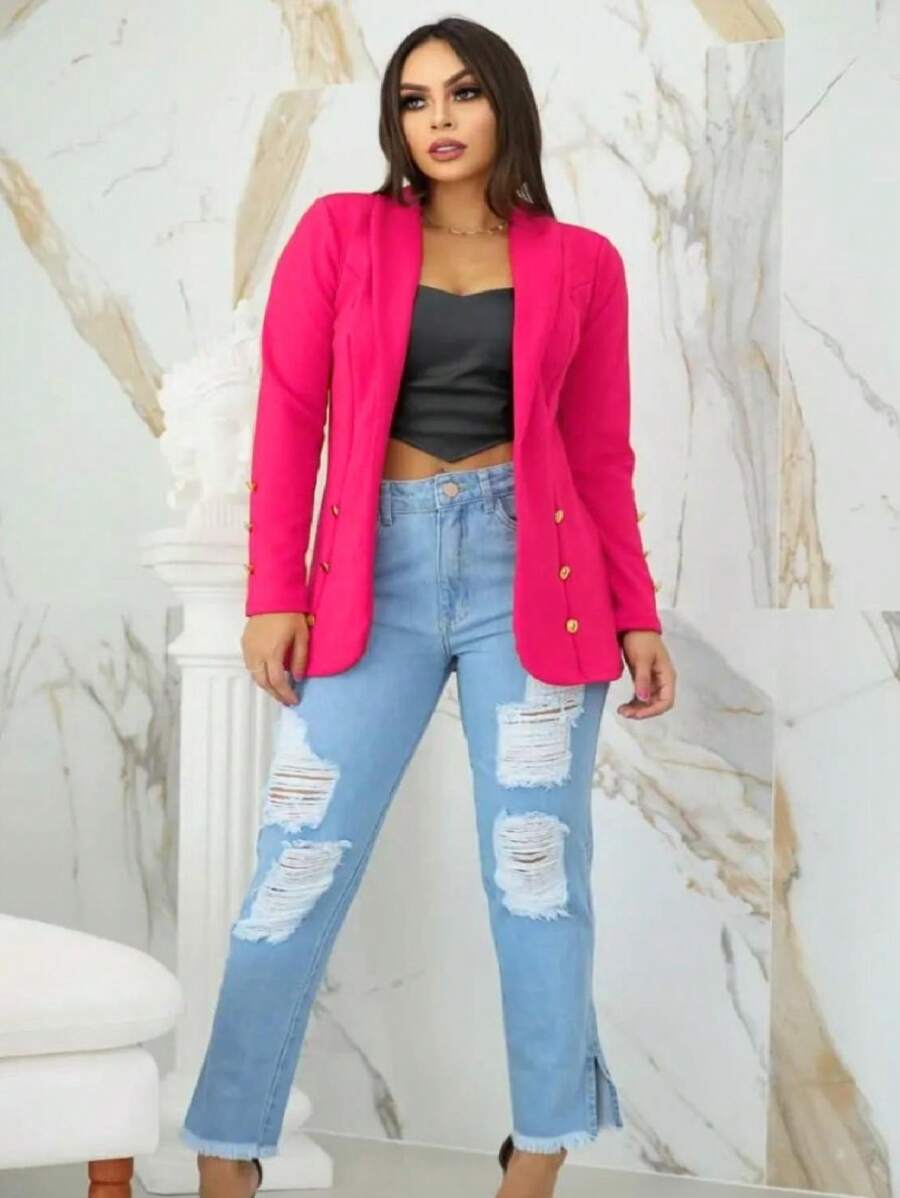 Tailored Blazer Women's Formal Jacket With Buttons Stylish Buttoned Overcoat - Pink - View 1