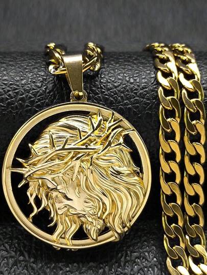 Jesus Crown Of Thorns Men's Necklace Stainless Steel Gold Color Chain Crucifix Medal Male Necklace