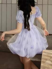 Summer Women Bow Mesh Back To School Dress New Fall Dresses Korean Style Casual Pink Concert Outfits For Women Sweet Puff Sleeve Birthday Party Prom Y2K Short Dress Homecoming School Clothes - View 3