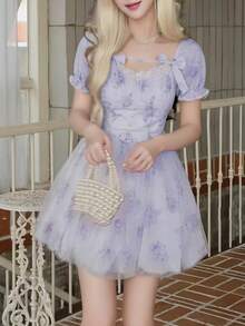 Summer Women Bow Mesh Back To School Dress New Fall Dresses Korean Style Casual Pink Concert Outfits For Women Sweet Puff Sleeve Birthday Party Prom Y2K Short Dress Homecoming School Clothes - View 4