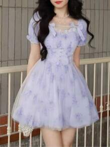 Summer Women Bow Mesh Back To School Dress New Fall Dresses Korean Style Casual Pink Concert Outfits For Women Sweet Puff Sleeve Birthday Party Prom Y2K Short Dress Homecoming School Clothes - View 2