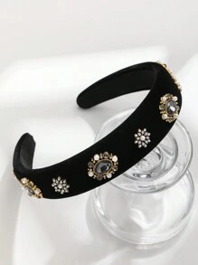 Black Velvet Headband With Pearl & Rhinestone Decor - Black - View 1
