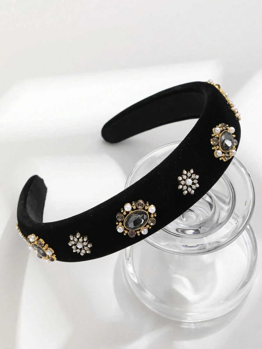 Black Velvet Headband With Pearl & Rhinestone Decor - Black - View 1
