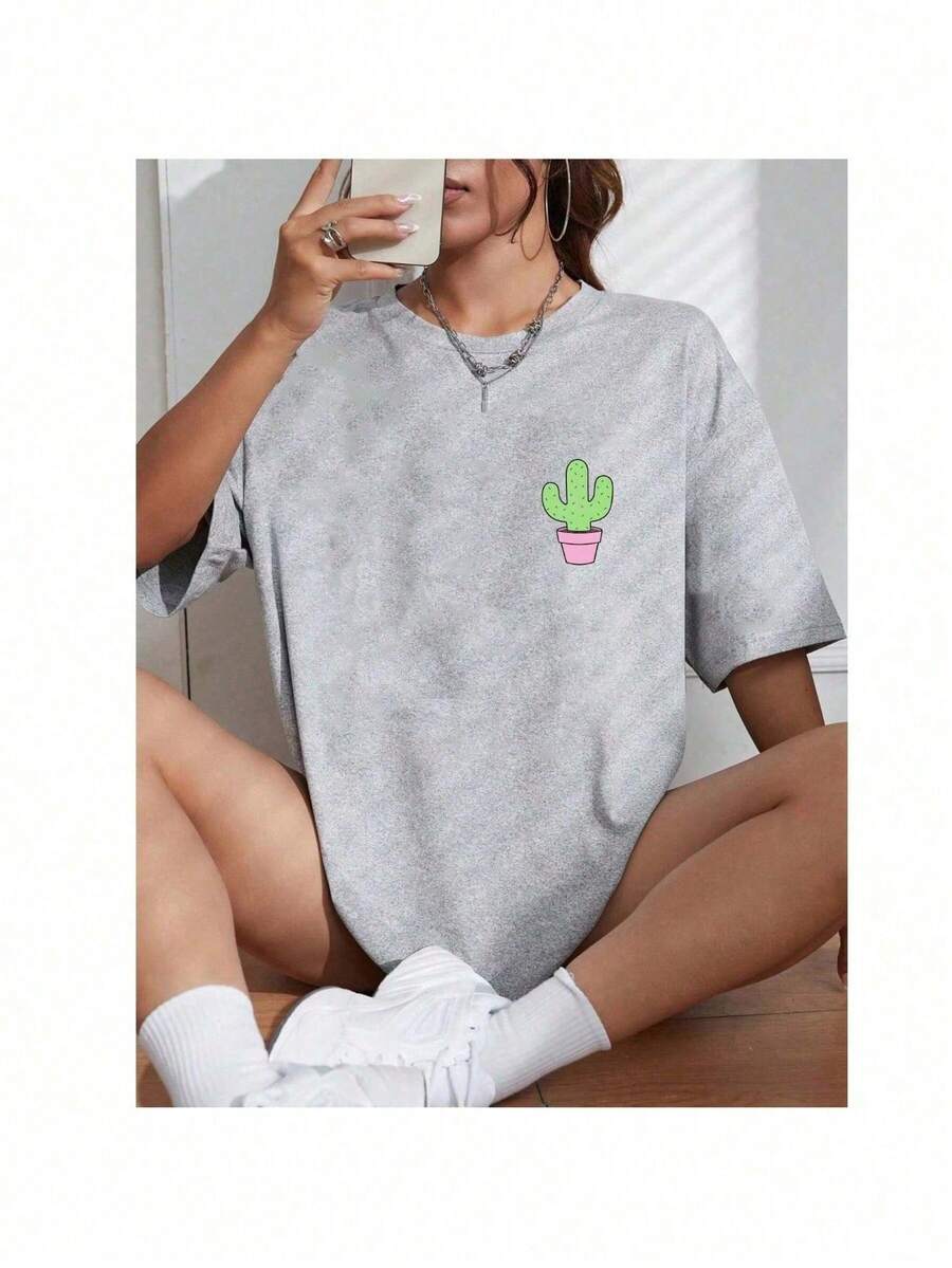 Women's T-Shirt Fashion Cactus Meigo Tumblr Espinho - 灰色 - 查看 1